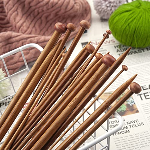 Bamboo Knitting Needles Set, Wooden Knitting Needles for Beginners, 18 Pairs US Size 0-15 (2.0-10.0mm) 14 Inch Long Straight Wood Knit Needle Single Point for Sweaters, Socks, Shawl and Scarf - color: Brown