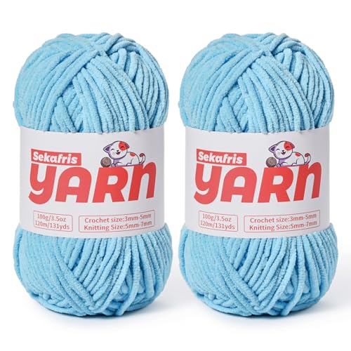 2 Pack Plush Chunky Chenille Yarn for Crocheting, Soft Fluffy Velvet Yarn for Crocheting Amigurumi, Fuzzy Baby Blanket Knitting 200g/262yds Bulky(2 Azure Blue) - color: 2 Azure Blue