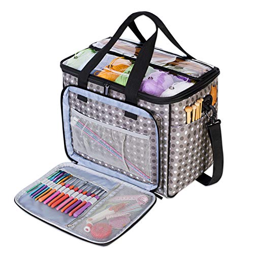 Teamoy Knitting Bag, Yarn Storage Organizer Crochet Bag Tote, Gray Dots | Yarn Holder with Inner Divider(Sewn to Bottom) for Crochet Hook, Knitting Needles(Up to 14"), Project and Crocheting Supplies - color: Gray Dots
