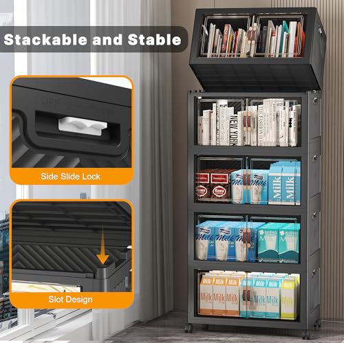 UAMFURI Stackable Storage Bins, 275QT Collapsible Drawers with 1 Lid | Large Capacity, Magnetic Door, Stack Lock, Rolling Wheels, Foldable Design, Organizers and Storage for Bedroom Dorm Garage - color: Dark-55qt, size: 5Pack with 1 top lid