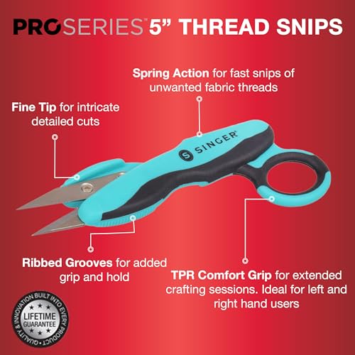 SINGER ProSeries™ 5" Thread Snips, Comfort Grip, Sewing & Yarn Cutter | Spring-loaded 5 inch thread snips with fine tips and comfort grip; quickly trim threads and frayed edges, thumb-hole storage