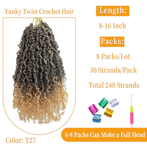8 Inch Pre-Looped Yanky Twist Crochet Hair, 30 Strands/Pc, Mini Passion Twists, Senegalese Braiding Hair (T27, 8 Pcs/Pack) - color: T27, size: 8in (8/pack)