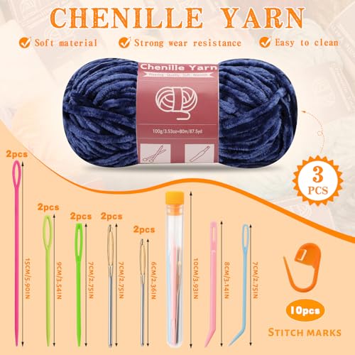 LUNARM Chenille Yarn 3 Pack 3.5oz Chunky Blanket Velvet Yarn 263 Yard | Dark Blue Chunky Chenille Yarn for Beginners Crocheting Hand Knitting Scarves with Big Eye Needles Machine Washable - color: Dark Blue