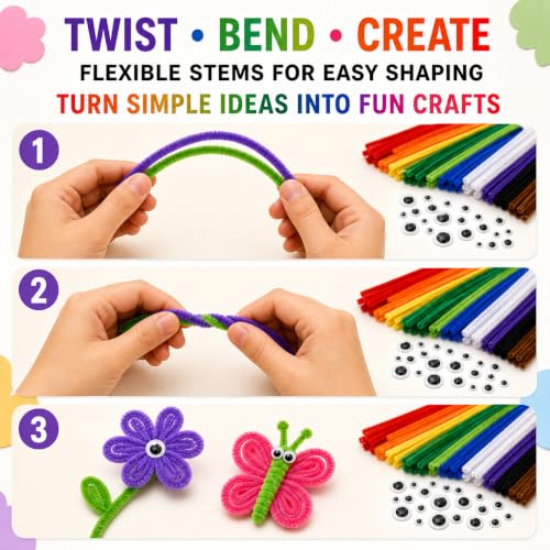 Pipe Cleaners Bulk, 1000 Pcs in 20 Colors, 12 Inch x 6mm Chenille Stems Craft Kit with 100 Self-Adhesive Wiggle Eyes & Storage Bag for Flower Crafts, Classroom & DIY Projects