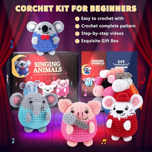 Crochet Kit for Beginners - 4 PCS Crochet Starter Kit With Step-by-Step Video Tutorials, for Adults - Elephant Mouse Pig Koala Microphone Crocheting Set - color: Elephant Mouse Pig Koala