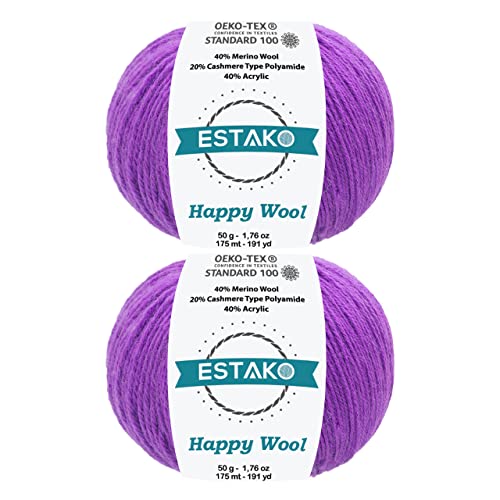 Estako Happy Wool, 40% Merino Wool Blend Fingering Yarn, Violet, 2-Pack | soft, sock weight, 100 g, 382 yds, baby clothes, sweaters, scarves, hats, 3 mm needles - color: 8015 - Violet, size: 2 Skeins