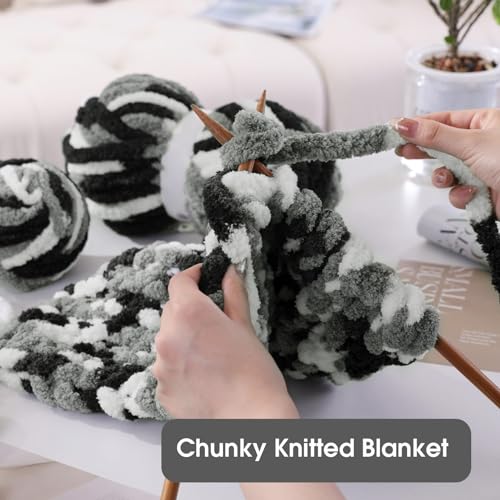 HOMBYS Grey Multi Chunky Chenille Yarn for Hand Knitting,Fluffy Soft Jumbo Yarn Crocheting,Super Bulky Big Yarn for Chunky Blanket,Large Thick Arm Knitting Yarn,8 Pack Plush Yarn - color: Grey Multi