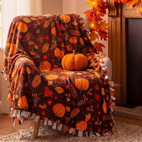 Chumia 2 Pcs/1 Set Fall No Sew Fleece Blanket Craft Kit 57 x 57 in Autumn Thanksgiving Pumpkins Maple Leaf DIY Tie Fleece Blanket Gifts for Fall Autumn Thanksgiving Holiday Sofa Home Decoration - style: Fall