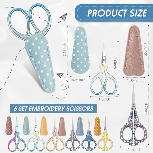 Honoson 6 Pcs Small Embroidery Scissors, 3.6", Mixed, Vibrant Colors | Sewing Scissors with Leather Cover, Sharp Tip for Needlework Cross Stitch Crochet Knitting Craft, Stainless Steel Stork Shear - color: Vibrant Colors