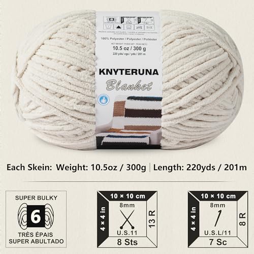 #6 Super Bulky Blanket Yarn for Crocheting - 4 Skeins(Each 10.5oz/300g, 220yds/201m), Chunky Chenille Thick Plush Big Soft Yarn for Crocheting Knitting Blankets, Beige White - color: Beige White