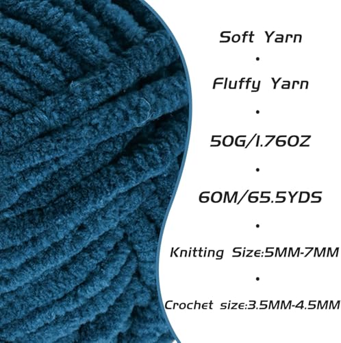 2 Pack Denim Blue Fluffy Velvet Yarn for Crocheting, Chunky Chenille Baby Blanket Yarn for Crochet, Soft Fuzzy Puzzle Yarn for Knitting, (50g/1.77oz Each) Bulky Thick Amigurumi Crochet Yarns - color: 2 Denim Blue