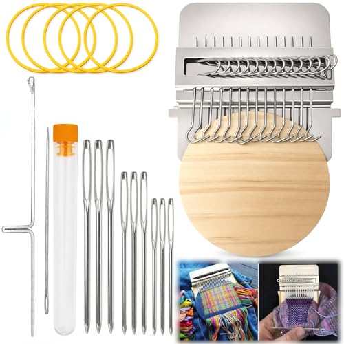 Small Wooden Darning Loom Tool for Mending Jeans, 14 Hooks & 9 Needles | Speedweve Type DIY Weaver Machine for Quick Repair & Beautiful Stitching, Easy Hand Sewing Kit for Clothes, Socks & Fabric - size: 14 Hooks + 9 Needles, Light Brown