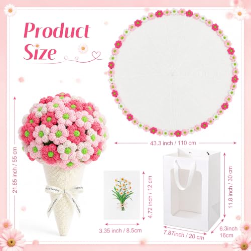 WovWeave Daisy Gifts Basket Set - 43.31 Inch Finished Flower Crochet Knitted Blanket Gift Bag Card Envelope Blanket for Her Mom Girlfriend Women Birthday Wedding Gifts Ideas - color: Pink White, size: 43.31 Inch, style: Daisy