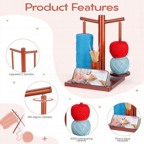 Yarn Holder for Crocheting, Wooden Rotating Yarn Spinner with 2 Spindles and Phone Stand, Magnetic Spinning Yarn Holder for Crochet Knitting Lovers