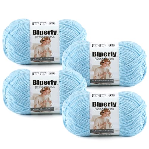Skinny Chenille Yarn for Crocheting, #2 Blue Thin Baby Blanket Plush Yarn | 4 Pack of 158 Yds, 1.7 Oz Sport Fingering Weight Fine Yarn, Soft Fluffy Velvet Yarn for Crochet knitting Blankets, Amigurumi - color: Sky Blue