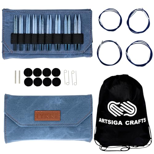 Lykke Indigo 3.5-inch Interchangeable Circular Knitting Needle Set | Standard US 3, 4, 5, 6, 7, 8, 9, 10, 10.5 Azure Case, Birchwood Semi-Sharp Tips, Smooth Joins, Swivel Cables, Project Bag - color: Indigo-with-Azure-Case