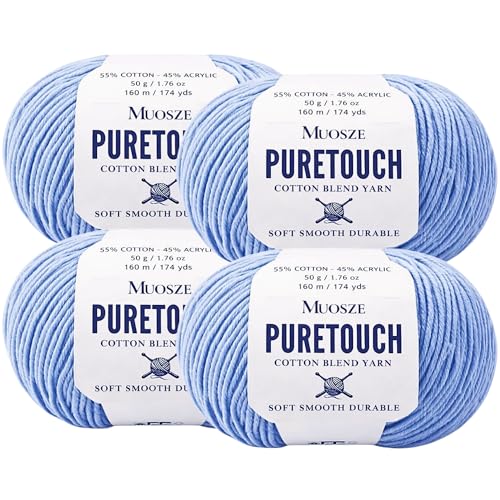 PureTouch Cotton Blend Yarn, Soft & Durable Crochet Yarn for Knitting & Amigurumi, 174 Yards, 50g, 55% Cotton 45% Acrylic (Light Sky Blue, 4 SKEINS) - color: Light Sky Blue, size: 4 SKEINS