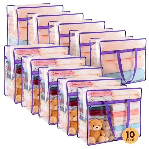 10 Pack 40L Clear Storage Bags with Zipper Large Opening for Loading | Purple Storage Bag for Blankets and Clothes, Large Capacity Closet Organizers and Storage for Dormitory, Bedroom - size: 10 PACK