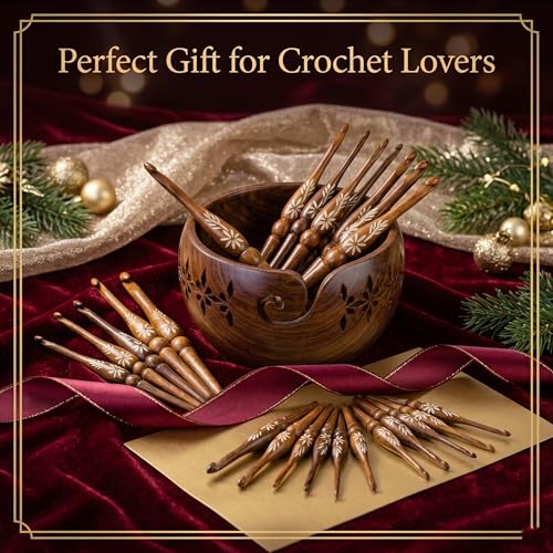 Rosewood Yarn Bowl with 13 Crochet Hooks Set – Handmade Wooden Knitting Bowl Holder with Spiral Slot, Large 7” Yarn Organizer, Complete Crochet Kit for Beginners & Professionals - color: Setof13+CarvedBowl