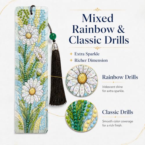 14 PC Diamond Art Flower Bookmark for Adults Gem Bling Bedazzling Kit Women | Bead Art Leather Book Mark Christmas Craft Making Kit Rhinestone Pearl Art DIY Paint by Dots Book Lover Gift - color: Flowers