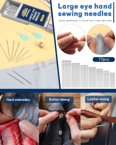 70 Pcs Hand Sewing Needles, 7 Size Large Eye Sewing Sharp Needles | Leather Embroidery Thread Needle, Stainless Steel Yarn Knitting Needle with Threader, Thimble for Repair, Quilting - size: 7 Size-70pcs
