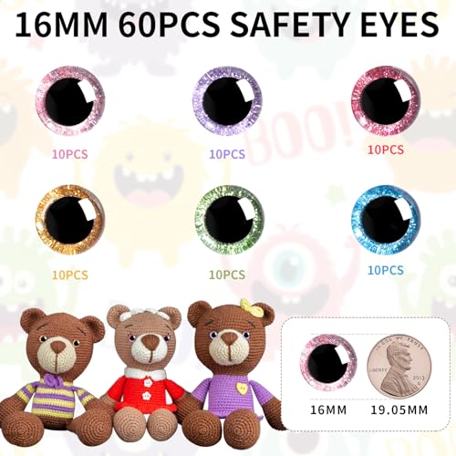 MUCUNNIA 120pcs 16mm 3D Glitter Plastic Safety Eyes for Amigurumi Trapezoid Craft Crochet Doll Eyes with Washers Stuffed Animal Eyes for DIY of Puppet, Bear Plush Animal(6 Colors) - size: 16mm