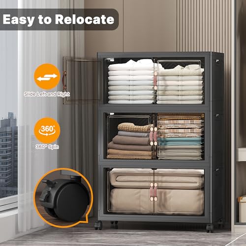 UAMFURI Stackable Storage Bins, 672QT Collapsible Drawers with 2 Lids | Large Capacity, Magnetic Door, Stack Lock, Rolling Wheels, Foldable Design, Organizers and Storage for Bedroom Dorm Garage - color: Dark-112QT, size: 6Pack with 2 top lids