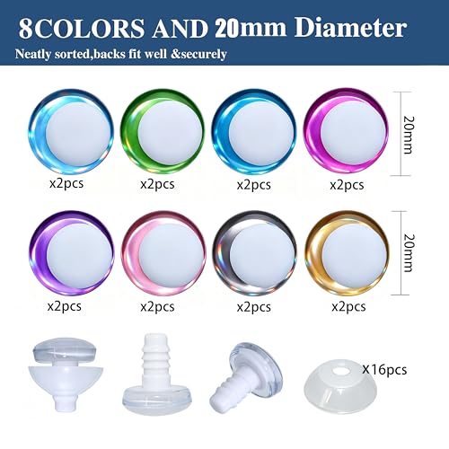 Thalinfayi 20mm White Eyeballs Glitter Safety Eyes for Crochet Amigurumi | 32Pcs 8Colors Holographic PU Sparkling Safety Eyes & Washers, Off-Center Pupil 3D Moon Eyes for Stuffed Plush Doll - size: 20mm(0.79inch)