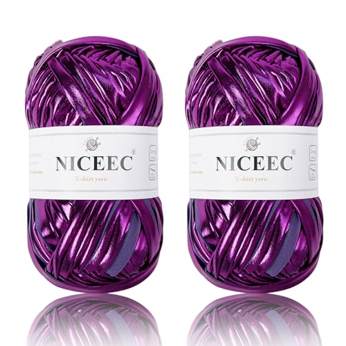 NICEEC 2 Skeins Metal T-Shirt Yarn Single-Side- Bright Purple | Bright, Glossy, Crochet & Knitting, Fabric Cloth Yarn Handmade DIY Craft Bag Basket Cushion-Totle Length 64yds(7.1oz) - color: Bright Purple, size: Single-Side