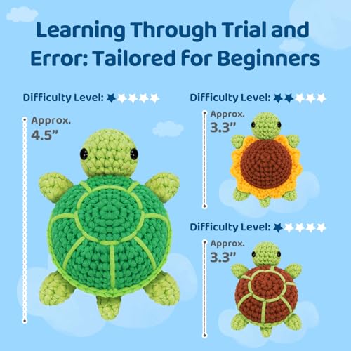 Mewaii Crochet Kit for Beginners, 3 Pack Sea Turtles Craft Set | 40% Extra Yarn, Video Tutorial, Pre-Started Piece, Beginner Friendly, Family Craft Gift for Adults & Kids - color: Brown and Green