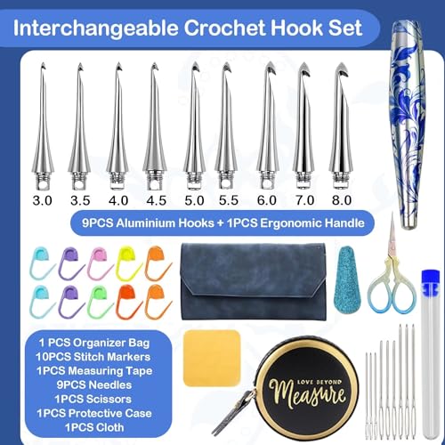 34 in 1 Interchangeable Crochet Hook Set - 3mm-8mm Ergonomic Crochet Hooks Set- Handle Crochet Hook Set for Beginners and Advanced Crafters