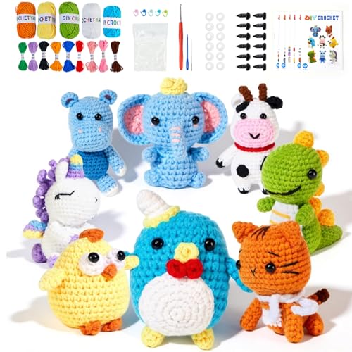 Elitevia 8Pcs Crochet Kit for Beginners, 2026 DIY Craft for Adults and Kids, Great Birthday Gift for Crochet Lovers, Crocheting Animal Kits with Step by Step Videos,Yarn,Crochet Hook