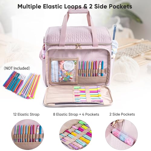 MYBAGZING Large Yarn Storage Bag,Crochet Bag Organizer,Yarn Bags for Crocheting,Crochet Storage Bag with Pockets for Crochet Hooks, Crochet Accessories,Knitting Bags,Gifts for Crocheters - color: Pink, size: Large