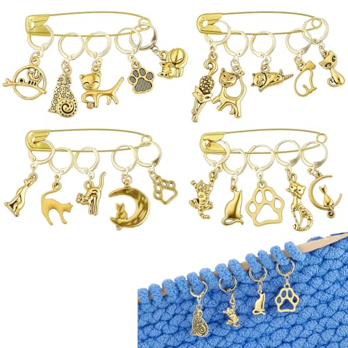 PH PandaHall 20 Styles Cat Stitch Markers with 4PCS Safety Pins Gold Paw Print Moon Crochet Stitch Marker Charms Cute Kitten Knitting Locking Marker for Knitting Weaving Quilting Sewing Jewelry Making - color: Gold