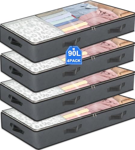 BiCINE 4 Pack Under Bed Storage, 90L Foldable Closet Containers Organizers | Under Bed Storage Bins, Underbed Storage Bags for Wrapping Paper, Blanket, Towels, Clothes, Comforter, Sweaters, Linen Sheet - color: Grey-4Pack