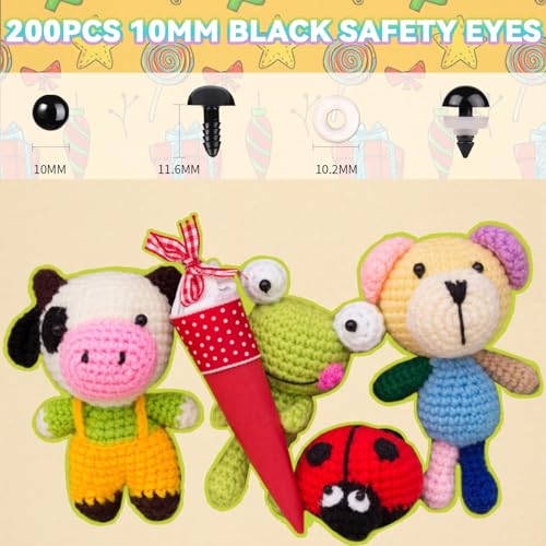 MUCUNNIA 400pcs 10mm Safety Eyes for Amigurumi with Washers Plastic Black Safety Eyes for Crochet Craft Safety Eyes for DIY Christmas Decorations Crochet Stuffed Animals Crafting - size: 10mm