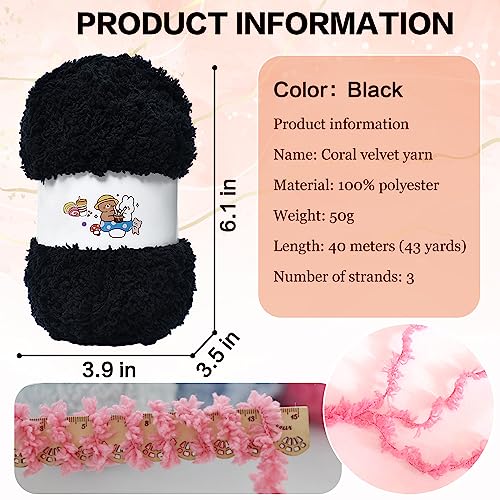 6 PCS Soft Coral Velvet Chenille Yarn for Crocheting,Fluffy Yarn for Knitting and Crochet DIY Craft,Warm Crochet for Bag Hat Scarve Gloves Slippers Dolls(Black) - color: black