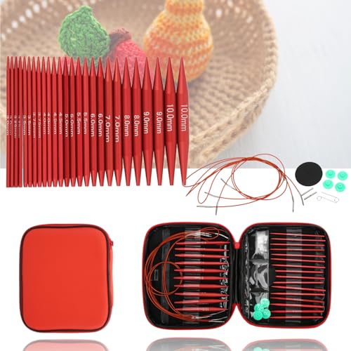 Red Circular Knitting Needles Interchangeable Knitting Needles Detachable Circular Interchangeable Knitting Needles Crochet Kit with Various Sizes for Gift or Crochet Sweater Knitting Needles