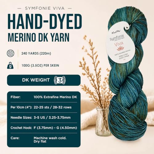 KnitPro Symfonie DK Weight Merino Wool Yarn 240yds, 100g, Gulf Coast | 100% Extrafine Merino, Hand Dyed, OEKO-TEX Certified, Superwash, Colorfast, #3 Yarn Skein for Knitting & Crochet - color: Gulf Coast