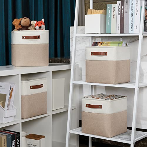 DULLEMELO 11 inch Cube Storage Bins, Large Collapsible Grey Storage Baskets for Square Cubes Organizing, Fabric Boxes Bins for Shelves Nursery Home Office Storage(4 Pack - 11" White&Khaki) - color: White&Khaki, size: S-11"x11"x11"