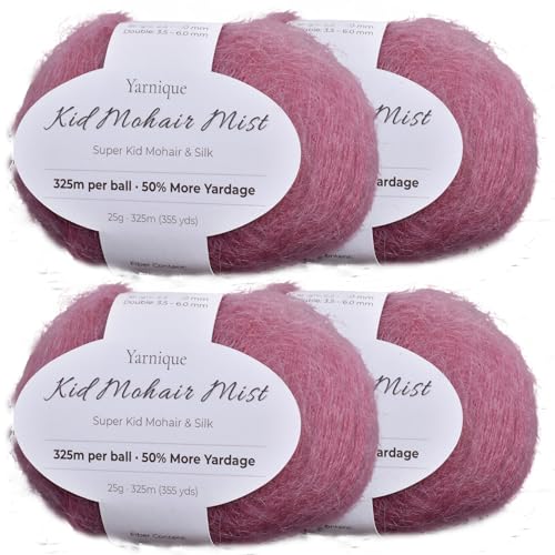 Kid-Silk Mohair Yarn, Lace Weight, 4 Balls 100g, 1420 yds | Yarnique 61% Super Kid Mohair & 20% Silk | Airy Halo | Soft Glow（30 Dusty Rose） - color: 30 Dusty Rose