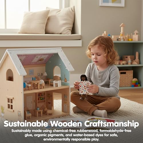 PlanToys® Mother Poseable Wooden Dollhouse Figurine 1:12 Scale 5-Inch Doll | mom character, doll house people accessories, bendable arms, kids pretend play, girls montessori learning gift 3+ for boys - color: African American Mom