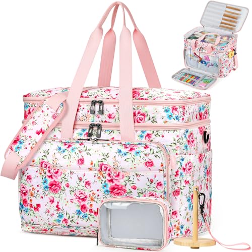 Crochet Organizer Bag with Yarn Holder, Large Yarn Storage for Accessories | 3PCS Crochet Knitting Bag with Accessory Pouch for Hooks, Needles, Travel Tote, Crochet Lovers, Gift for Crafters, No-Tangle - color: Pink