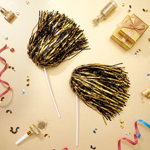 Vinsot 40 Pcs Cheerleading Pom Poms Bulk, Metallic Foil School Spirit Shakers Cheer Pom Poms with Plastic Long Handle for Soccer Basketball Sport Dance Team Squads Fan Celebration - color: Black Gold Mix
