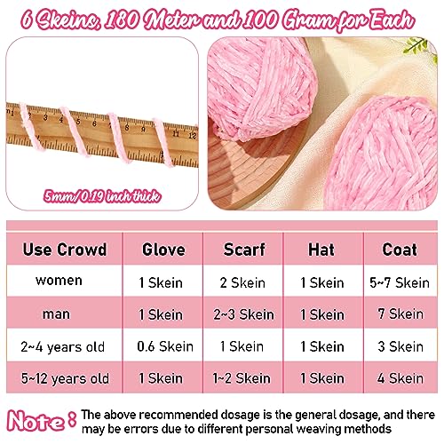 Amylove 6 Rolls Soft Velvet Chenille Yarn for Crocheting 1182 Yards Polyester Blanket Fuzzy Thick Yarn for DIY Knitting Bulky Weaving Crafts, 197 yd, 3.53 oz Each Roll(Pink) - color: Pink