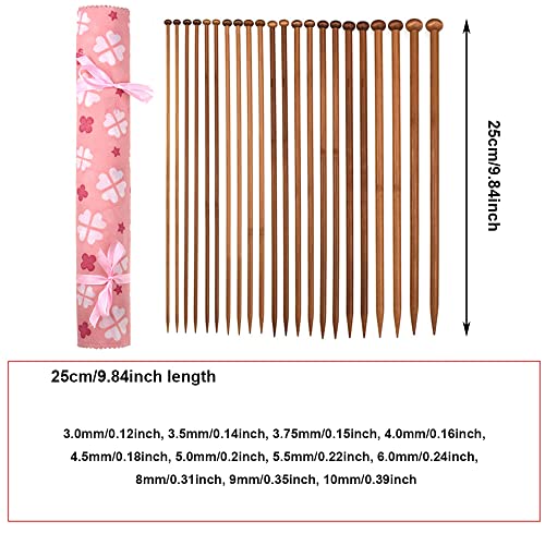 TopHomer 22 Pcs 11 Sizes Bamboo Straight Needle Set for Knitting with Carrying Case Single Pointed Knitting Needles Gift for Beginners Handmade(25cm with Textile Packaging) - style: 25cm with Textile Packaging