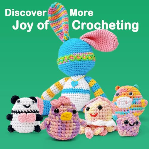 4x50g Beginner Crochet Yarn for Crocheting and Knitting; Beginner Easy Yarn kit with Tool Set (Rainbow+Strawberry+Lawngreen+Aqua, 4 Skein) - color: Rainbow+Strawberry+Lawngreen+Aqua