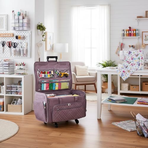 Everything Mary XXL Rolling Sewing Machine Case – Purple Quilted Craft Bag with 4 Wheels – Spacious Storage Organizer with Pockets for Sewing & Craft Supplies - color: Purple