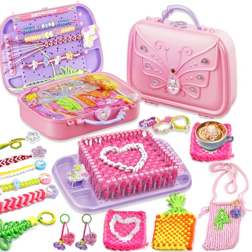 Souroyea 6-in-1 Friendship Bracelet Making Kit for Girls,Weaving Loom Kit Toys, Craft Kits for Kids,Age 6-12 Year Old Girls Gifts Ideas, Bracelet & Coaster & Bag Weaving Making kit-Pink - color: Pink