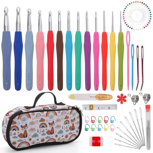 Crochetbox Crochet Hooks Set, 13 Size 2mm(B)-10mm(P) Ergonomic Handles Crochet Hooks with Case for Arthritic Hands, Kintting Needle with Crocheting Tool for Crocheters - size: 13 Size(2~10mm)